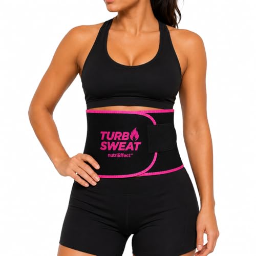 TURBOSWEAT Waist Trimmer Belt Women Men, Neoprene Sweat Band, Latex Free, Includes Mesh Wash Bag - color: Black Pink, size: S-M (25.6" - 43.3")