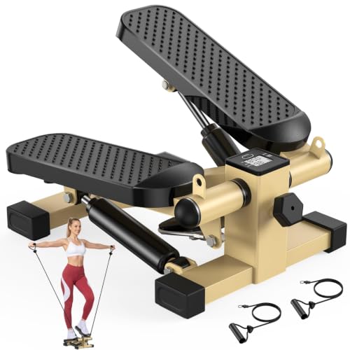 HCOIW Mini Stepper for Exercise at Home,Stair Stepper with Resistance Bands | Compact Stepping Machine with 300 lb Weight Capacity, Full Body Workout Equipment for Legs, Glutes & Cardio - color: Gold