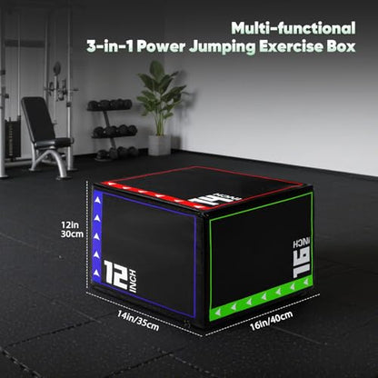 3-in-1 Plyometric Box Set (12/16/20/24/30") - High-Density EPE & Compressed Foam Jump Box for Home Gym, HIIT & CrossFit - Non-Slip Box Jumps, Step-Ups, Squats, Hip Thrusts - size: 12'' x 14'' x 16''（Compressed Foam）