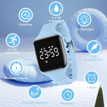 Kids Watches for Girls Boys Digital Sport Watch with Step Counter Pedometer Vibration Alarm Clock, No App Waterproof Fitness Tracker Kids Watch Boys Girls Teens Students Ages 5-16 - color: 007-E-SkyBlue