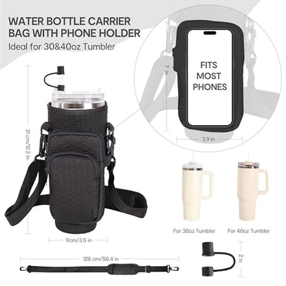 &And Per Se Water Bottle Shoulder Bag with Phone Pocket, Compatible with Stanley 30oz Tumblers - Neoprene Carrier with Adjustable Strap & Charm Accessory (Black) - color: Black, size: 30oz
