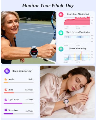 Smart Watch for Women, Ladies & Men, 1.27'' Fitness Watch [41mm case] with Call Receive/Dial, Heart Rate/Stress/Sleep Monitor, AI Voice, IP68 Waterproof Smartwatch with Calendar, Calculator, Games - color: Moonlight Blue