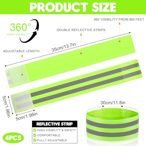 4 Pack High Visibility Reflective Bands for Arm, Wrist, Ankle & Leg – Adjustable Elastic Safety Straps for Night Running, Walking, Cycling – Reflective Gear for Men & Women