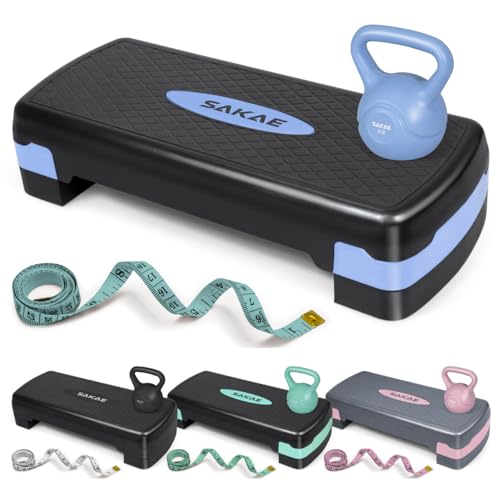 SAKAE Step Aerobics Platform Set with Kettlebell & Measuring Tape, Aerobic Steppers for Exercise at Home, Adjustable Height 2 Level Risers Workout Step Trainer with Non-Slip Surface, Multiple Colors - color: Blue