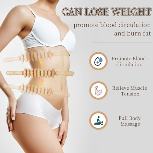 Liitrton Manual Wooden Massage Roller Stick for Muscle Relief, 9‑Wheel - size: 15.35 Inch (Pack of 1)