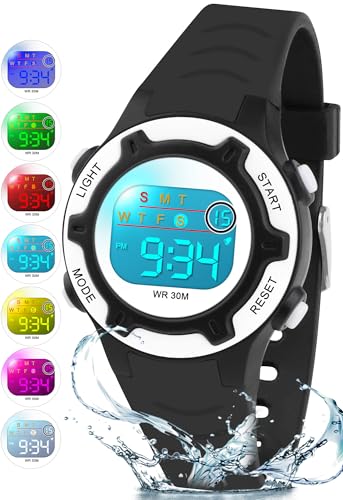 DTKID Digital Kids Watch 30 M Waterproof for Girls Boys 5-16 - color: Black-White