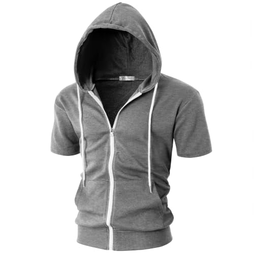 Ohoo Mens Slim Fit Zip up Hoodie Cotton Blend Soft Fabric Short Sleeve Lightweight Comfy Basic Jacket with Kanga Pocket - color: Dcf007-deep Grey, size: XX-Large