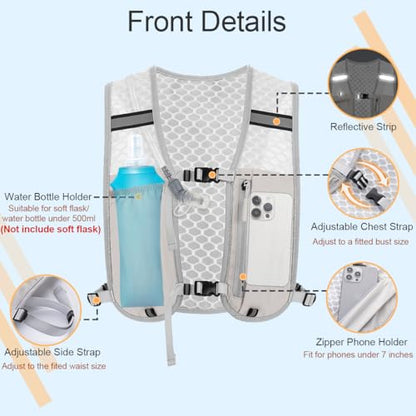 Running Vest Hydration Backpack for Men Women, Lightweight Breathable Hydration Packs, Adjustable Chest Straps Daypack, Reflective Water Running Vest for Marathon, Trail, Hiking, Cycling - color: Grey