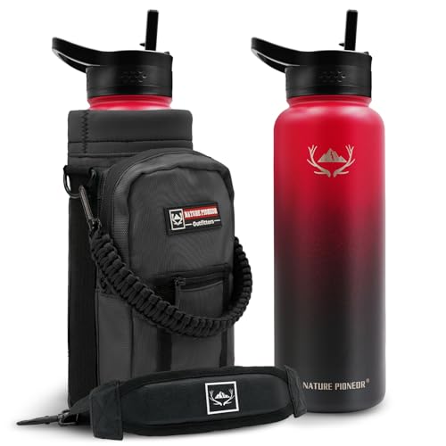 NATURE PIONEOR 40 oz Insulated Water Bottle with Carrier Bag & 3 Lids - color: Red Black, size: 40 Ounces