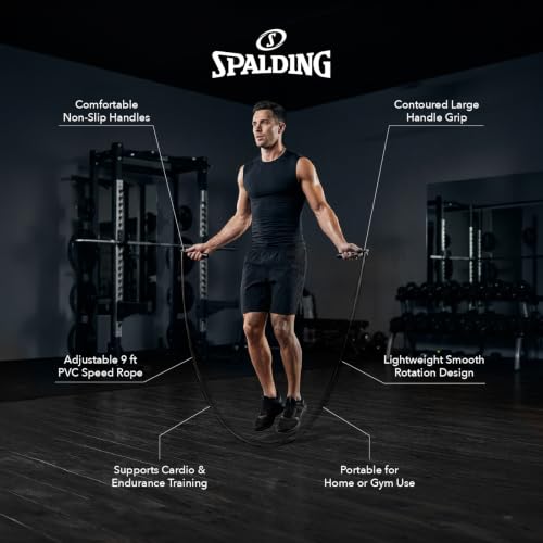 Spalding - Large Handle Speed Jump Rope, Adjustable 9 ft PVC Skipping Rope, Non-Slip Contoured Grip, Cardio Fitness Training Rope for Home & Gym (Black)