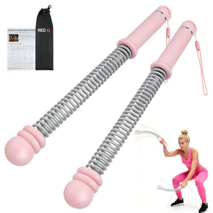 Red O Weighted Ropeless Battle Ropes—Portable Arm Exerciser with Adjustable Rings, Heavy-Duty Steel Spring Rope for HIIT, Strength & Full-Body Training, Non-Slip Handle, Includes Workout Poster (Pink) - color: Pink