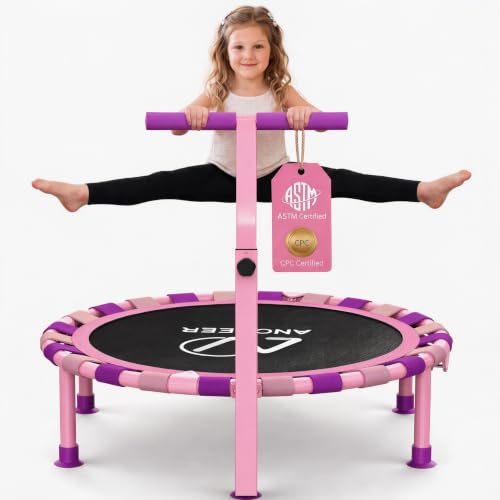 ANCHEER 38" Toddler Trampoline for Kids, ASTM Certified Foldable Mini Trampoline with Adjustable Foam Handle, Indoor & Outdoor Kids Trampoline, Quiet Design, 200 LBS Capacity, Easy Assembly - color: Soft Pink