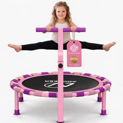 ANCHEER 38" Toddler Trampoline for Kids, ASTM Certified Foldable Mini Trampoline with Adjustable Foam Handle, Indoor & Outdoor Kids Trampoline, Quiet Design, 200 LBS Capacity, Easy Assembly - color: Soft Pink