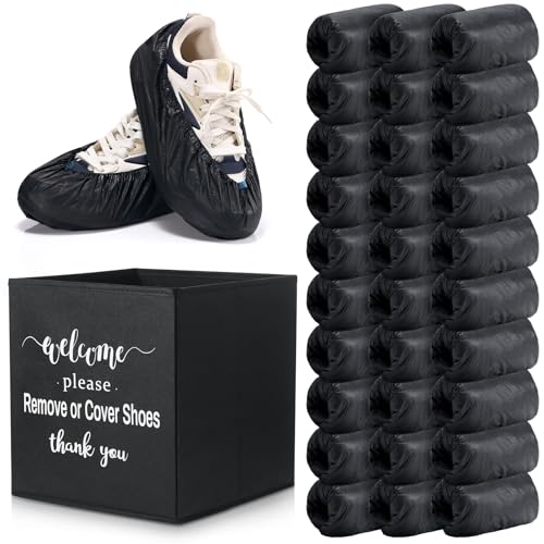 Unittype 300 Pcs Black Disposable Waterproof Shoe Covers with 1 Pcs Indoor Foldable Storage Box Welcome Please Remove or Cover Shoes Sign for House, Fits up to Size 11 Us Men and 13 Us Women - color: Black, size: 5.9 x 15.7 Inches