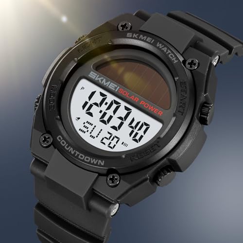 FANMIS Men's Solar Digital Sports Watch 50M Water Resistant Military Watch - color: Black White