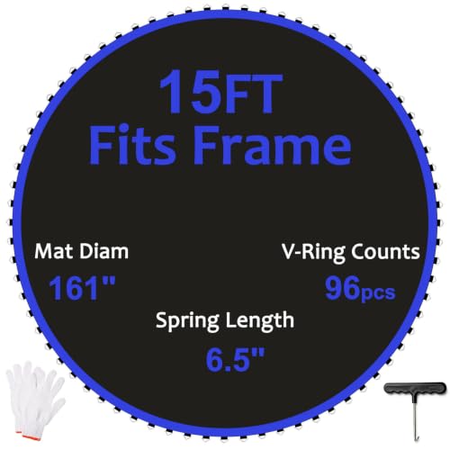 Replacement Trampoline Mat, Heavy-Duty, UV-Resistant & Durable Bounce Pad for Round Trampolines - Perfect for Safe & Fun Jumping - size: 15FT|161"Dia|96 V-Rings|Fits 6.5" Springs Length