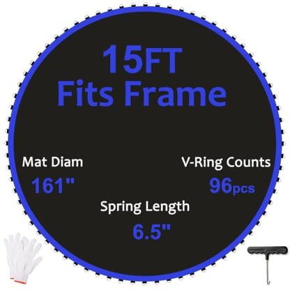 Replacement Trampoline Mat, Heavy-Duty, UV-Resistant & Durable Bounce Pad for Round Trampolines - Perfect for Safe & Fun Jumping - size: 15FT|161"Dia|96 V-Rings|Fits 6.5" Springs Length