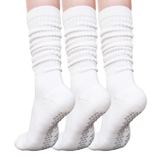 Grip Pilates Socks for Women Mid Calf Slouch Yoga Socks with Non Slip Grippers - color: White-3pk