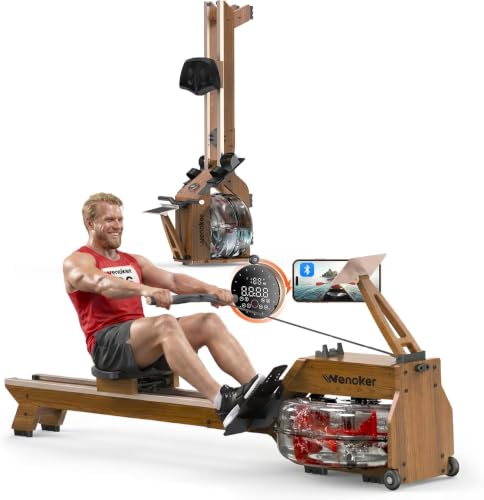 Water Rowing Machine for Home Use, WENOKER Wooden Foldable Rower Machine with Dedicated Monitor & Bluetooth APP, Large Water Tank & Comfortable Seat for Immersive Water Rower, 350LBS Weight Capacity - color: Brownish-gray