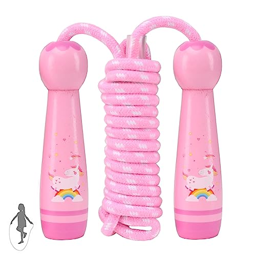 Jump Rope for Kids, Children Adjustable Cotton Skipping Rope with Wooden Handle for Boys Girls Fitness Outdoor Activity - color: Pink