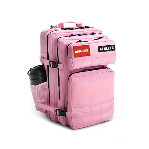45L Tactical Gym Backpack with 2 Patch Panels, MOLLE System, Dual Bottle Holders & Clamshell Opening (Pink) - color: Pink