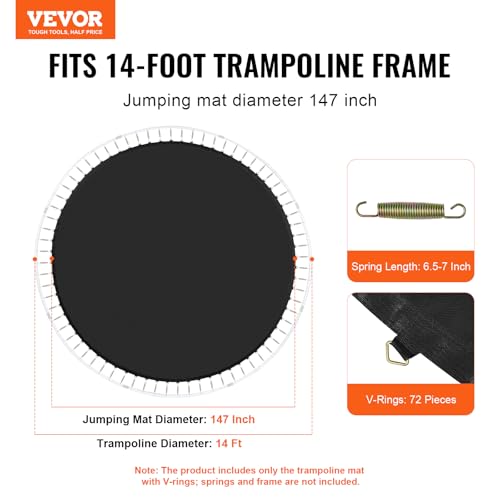 VEVOR Replacement Trampoline Mat, Jumping Mat Fits 12/13/14/15 ft Frame, Universal Jumping Round Trampoline, UV-Resistant Mat with Spring Tool & 72/80/92 V-Rings, Fit 5.5"/6.5"/7" Spring Length - style: 14FT-72 V-rings-6.5-7" Spring Length