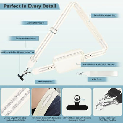 YFWE Clip and Go Strap for Phone with Wallet Crossbody, Adjustable Phone Lanyard with Detachable RFID Wristlet Wallet, Pattern Strap - Cream&Silver (L) - color: Cream-silver, size: Large