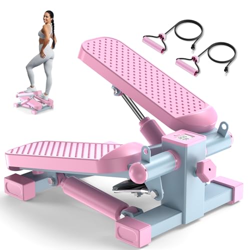 Mini Steppers for Exercise At-Home, Step Fitness Machines with Resistance Bands and LCD Monitor, Mini Stair Stepper with 220 LBS Loading Capacity for Daily Workout (Pink-Blue)