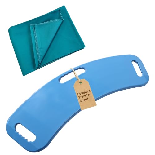 Transfer Board with 28" x 28" Slide Sheet, 26.8" x 9.8" Compact Curved Patient Transfer Board for Seniors, Bed to Wheelchair Transfer Assist Board with Anti-Slip Back, Blue - color: Compact 26.8" X 9.8" + Slide Sheet