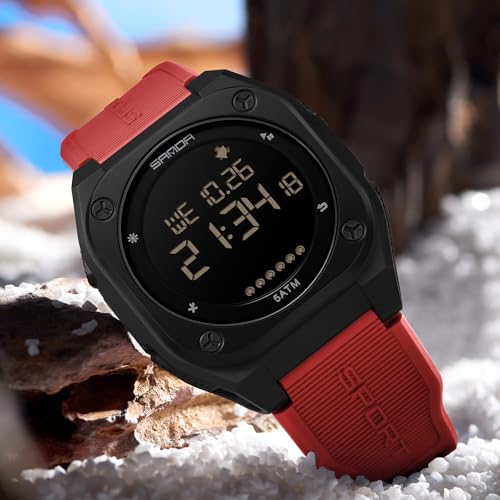 FANMIS Men's Digital Sports Watch Big Face Stopwatch Outdoor Rubber Strap - color: Red