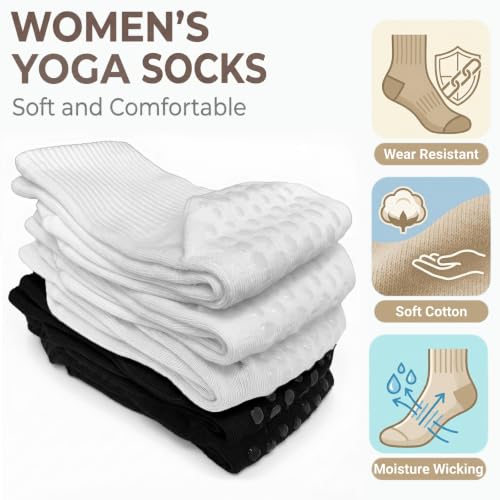 Women Pilates Grip Crew Socks-Cotton Non Slip Yoga Calf Socks for Women - color: 3white2black