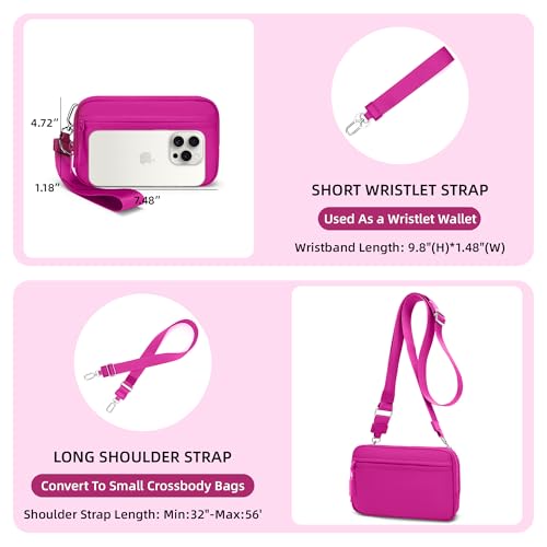 FODOKO Wristlet wallets for Women RFID crossbody bags with 4 Zippers - color: Rose Red2