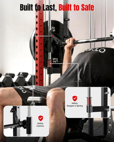 Mikolo M4 2.0 Smith Machine, 2200lbs Squat Rack with LAT-Pull Down System & Cable Crossover Machine, Training Equipment with Leg Hold-Down Attachment - color: Red, size: M4 2.0 Ultra Package (with Black BP230lbs)