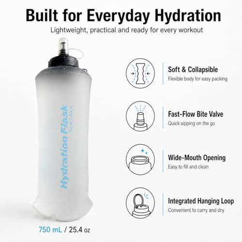 Soft Flask Collapsible Water Bottle, BPA-Free TPU Folding Hydration Flask with Dust Cover for Trail Running, Hiking & Cycling (25, Fluid Ounces)