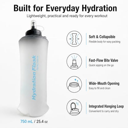 Soft Flask Collapsible Water Bottle, BPA-Free TPU Folding Hydration Flask with Dust Cover for Trail Running, Hiking & Cycling (25, Fluid Ounces)