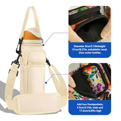 Neoprene Water Bottle Holder Bag with Cell Phone Pocket Compatible with Owala FreeSip 24 oz，Water Bottle Carrying Bag ，with Adjustable Shoulder Strap,for 24oz Stainless Steel Water Bottle - color: Cream