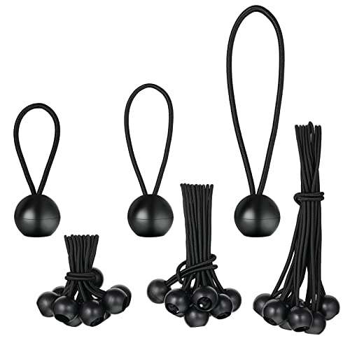 30 Pcs 3 Sizes Ball Bungee Cords, 4, 6, 9 Inch Black Tarp Canopy Cords Heavy Duty Tie Down Bungee Balls for Camping, Tents, Shelter, Gazebo, Cargo, Holding Wire and Hoses