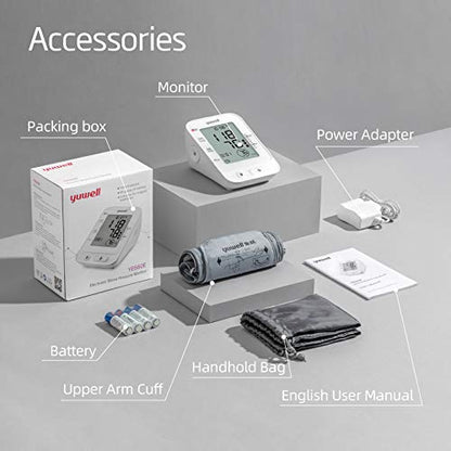 yuwell Blood Pressure Monitor, Large Upper Arm Blood Pressure Cuff, Digital Blood Pressure Machine for Home Use, Large Display, Stores 99 Readings, Voice Broadcasting with Power Adapter and Batteries - color: White