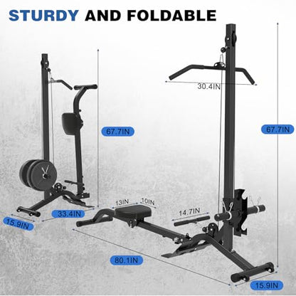 BEKING Foldable Rowing Machine,Adjustable LAT Pull Down & Low Row Cable Machine with Weight Plates,2 in 1 Multi-Function Compact Rowing Machine with High/Low Pulley Stations