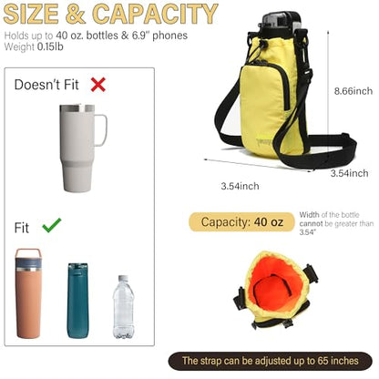 JEMINAL Water Bottle Sling Crossbody Bag with Strap, Small Cross Body Sling with Pockets for 20-40 oz Water Bottle, Keys, Cash, Phone - color: Yellow
