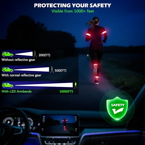 LED Armband Rechargeable for Running(2 Pack),Light Up Arm Bands for Night Walking,Running Lights for Runners,High Visibility Reflective Running Gearr for Night Safety Light Up Wristbands - size: Red