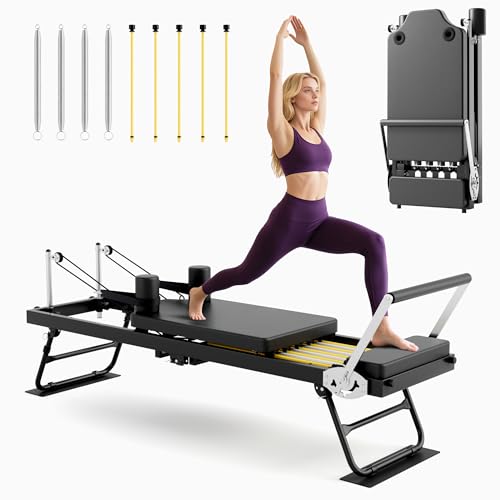 Pilates Reformer, Foldable Reformer Pilates Machine with Dual Resistance - Springs and Cord, Pilates Machine for Advanced and Beginners Users, Up to 300 lbs Weight Capacity, Black