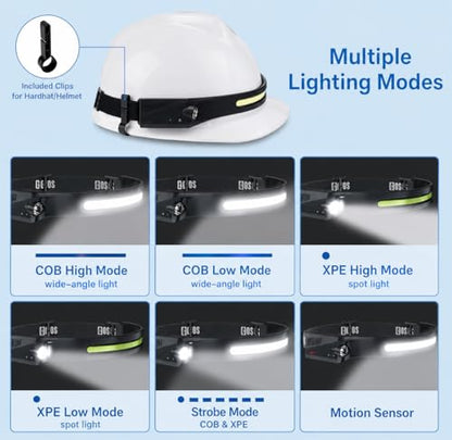 Tactical Headlamp Rechargeable 230° Wide Beam LED Tactical Headlamp, Rechargeable USB-C Headlamp with Motion Sensor, 350 Lumens, IPX4 Waterproof, Head lamp for Camping Essentials, Hiking, Running