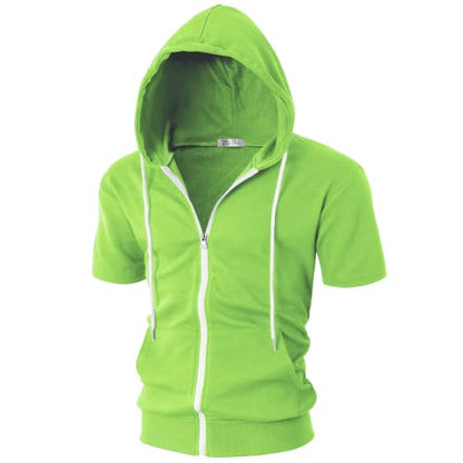 Ohoo Mens Slim Fit Zip up Hoodie Cotton Blend Soft Fabric Short Sleeve Lightweight Comfy Basic Jacket with Kanga Pocket - color: Dcf007-neon Green, size: XX-Large