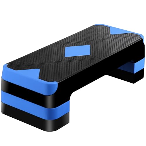 Non-Slip 27 Inch Aerobic Exercise Step Platform 4"-6"-8" Height Adjustable Risers for Home Gym Cardio Training Fitness Workout Stepper Trainer - color: Blue