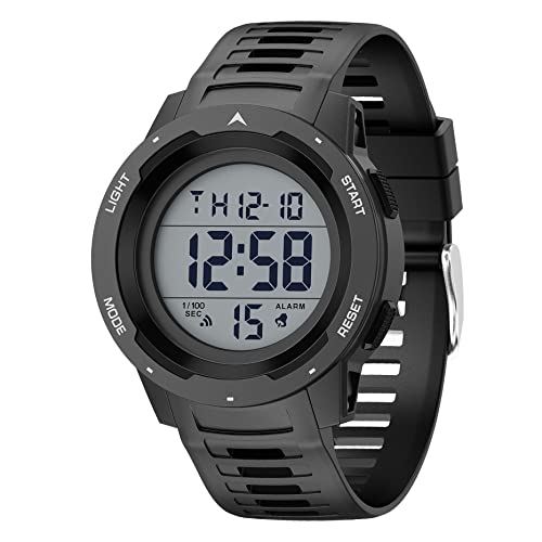 GOLDEN HOUR Mens Waterproof Digital Sport Watches Wide Screen Easy Read Display Military Style with Rubber Strap - color: black