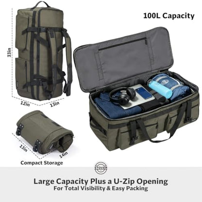 STOVER 45/80/100L U-Zip Rolling Duffel Bag with Wheels, Voyager Series X-Large Durable Travel Duffle + Toiletry Bag, Lay-Flat Opening, Packable w/Shoulder Straps- Use as Luggage or Backpack (Green) - color: U-Zip Voyager Green