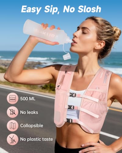 MOKURA Running Vest for Women Men with 500ML Soft Flask & Phone Holder - color: Pink, size: Small