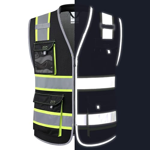 JKSafety Safety Vest for Men Women Hi Vis with Pockets and Cushioned Collar Construction Vest Meet ANSI Standard (BX360) - color: Black, size: 4X-Large