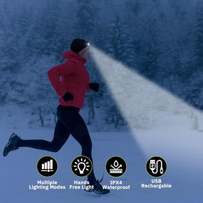 POWERCAP LED Hat Light 150 Lumens Rechargeable Fleece Beanie with Bright Built-in Headlamp Waterproof LED Warm One Size Cap - color: Knit Hi Vis Yellow 4-pack